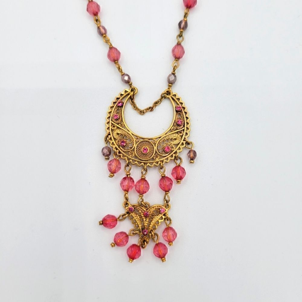 Half Moon and Pink Bead Accent Gold toned Necklace - Picture 4 of 5